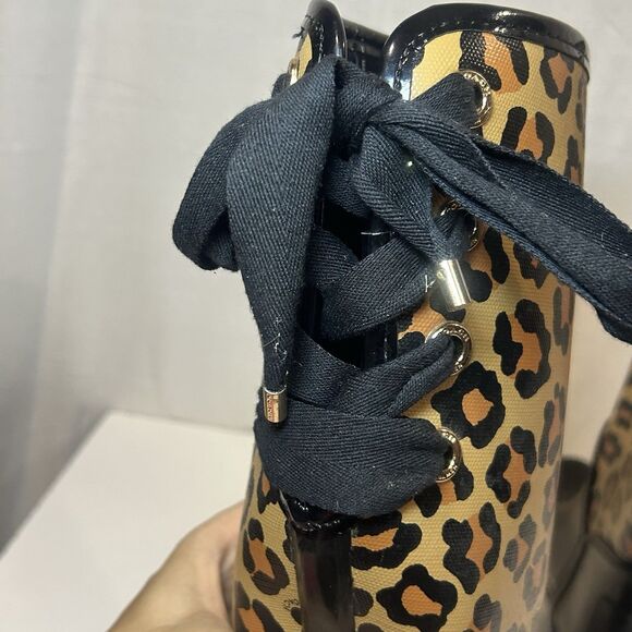 COACH “Tristee” Rubber Rain Boots Leopard Pattern w/Tie Lace Women’s Size6B - Picture 6 of 9